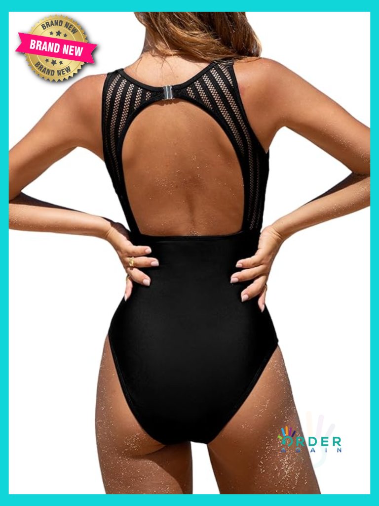 High Neck Cutout Back One Piece Swimsuit Tummy Control Mesh Swimwear